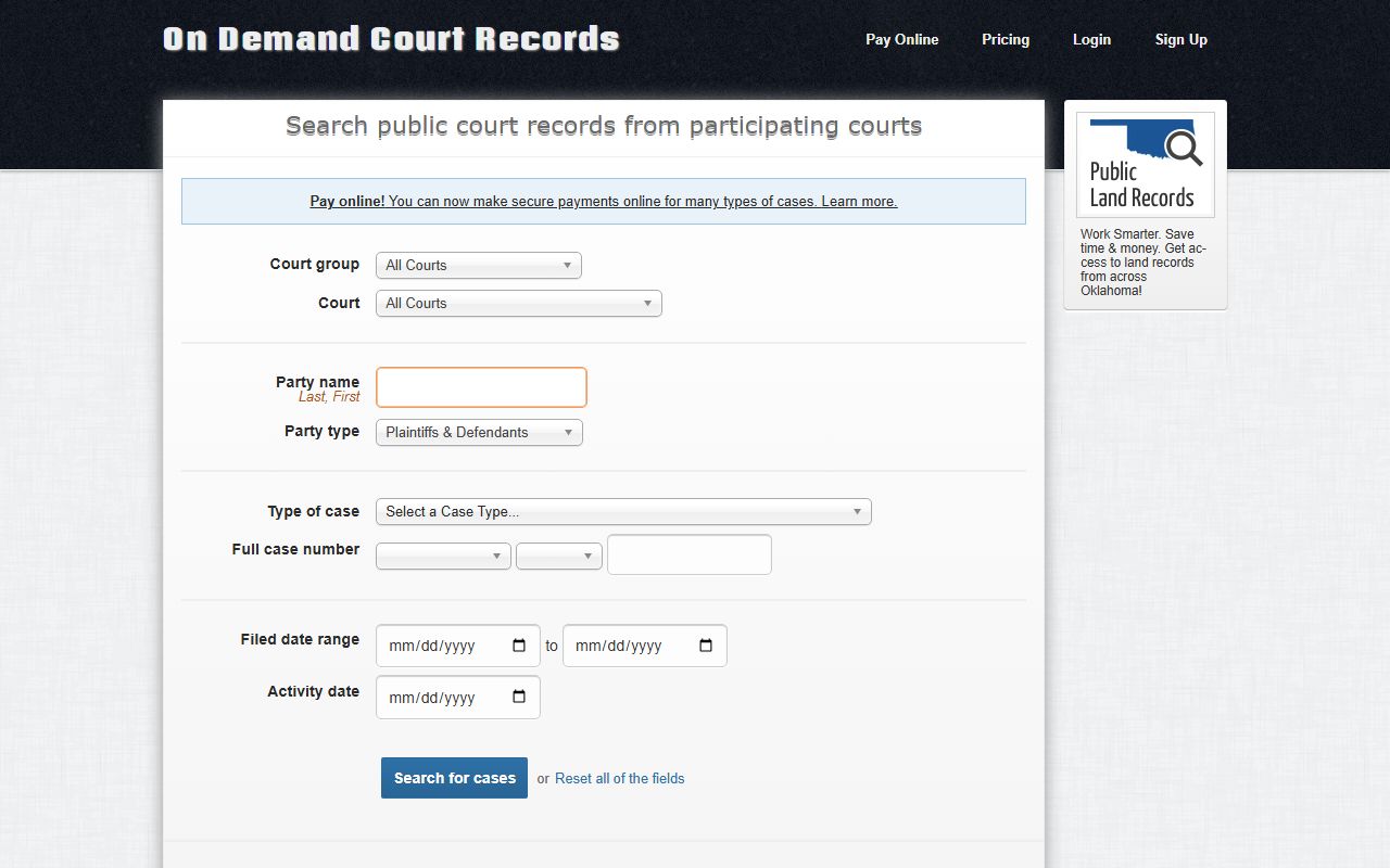 Pawnee County court records search on the ODCR public portal