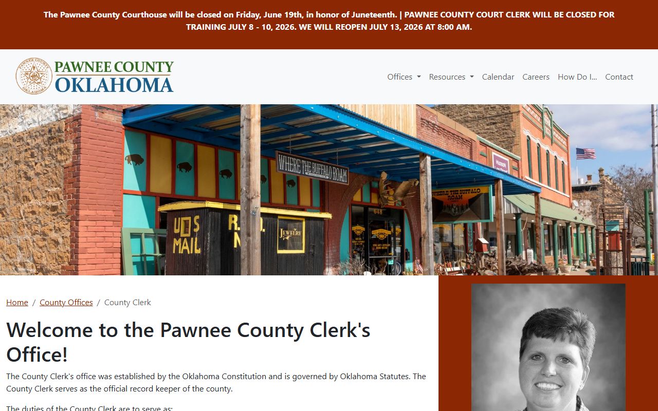 Pawnee County Clerk page with land and recorder records information