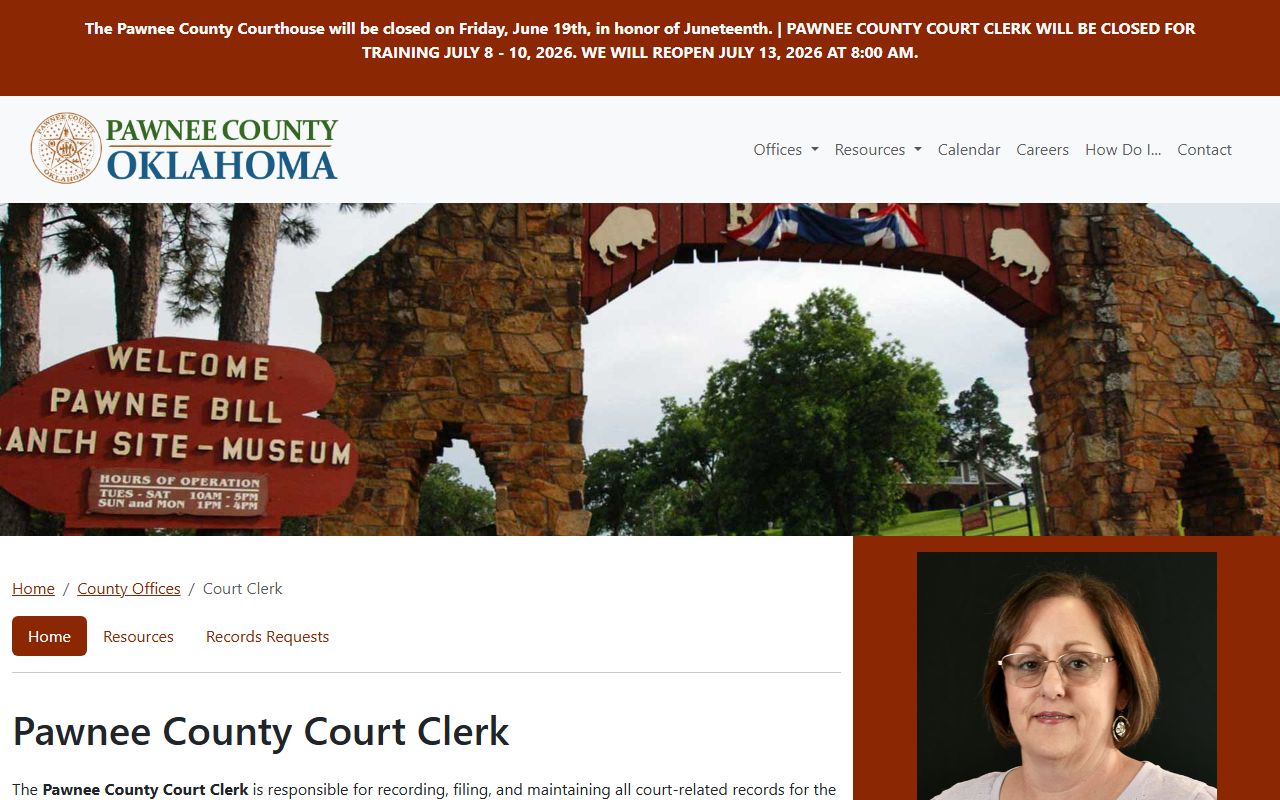 Pawnee County Court Clerk page listing court record services and fees
